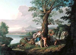 River Landscape with a Nymph Plucking a Branch from a Bleeding Tree by Andrea Locatelli