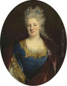 Portrait Of Madeleine Le Roux,
Wife Of Manzeray De Courvaudon,half-length, In A Blue Dress With Gold
Trim, Ribbons In Herhair by Nicolas de Largillierre