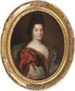 Portrait Of A Lady, Half-length, In A Red And Gold Embroided Dresswith A White Wrap