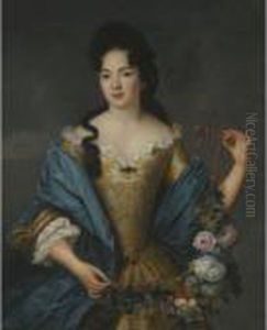 Portrait Of A Lady, Half Length,
 Wearing An Embroidered Dress Witha Blue Shawl, Holding A Garland Of 
Flowers by Nicolas de Largillierre