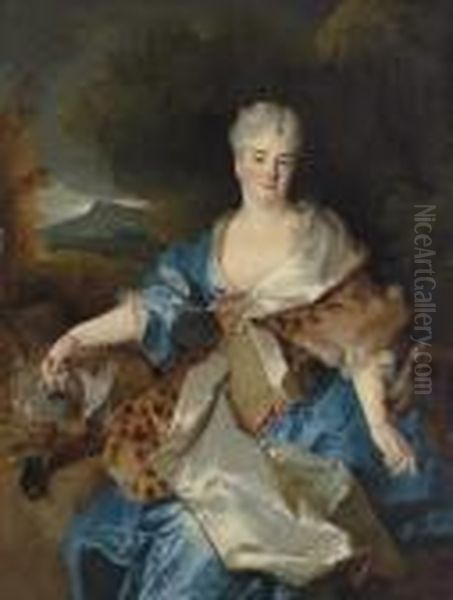Portrait Of A Lady As Diana The
Huntress, Three-quarter-length, Seated, In A Blue Dress With A Jewelled
And Gold-embroidered Bodice And A Silk-lined Leopard-skin Mantle, With A
Hound And A Brace Of Fowl, In A Landscape - view 1