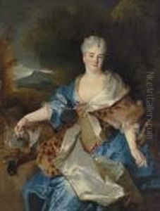 Portrait Of A Lady As Diana The 
Huntress, Three-quarter-length, Seated, In A Blue Dress With A Jewelled 
And Gold-embroidered Bodice And A Silk-lined Leopard-skin Mantle, With A
 Hound And A Brace Of Fowl, In A Landscape by Nicolas de Largillierre