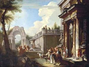 A capriccio of classical ruins with figures by a temple, a triumphal arch beyond by Andrea Locatelli