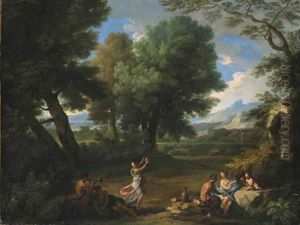 Nymphs and satyrs in a wooded landscape by Andrea Locatelli