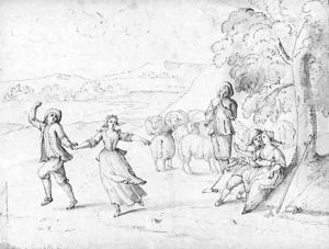 Shepherds dancing by the flute in an extensive landscape by Andrea Locatelli