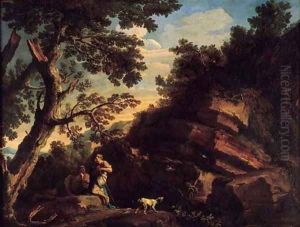 A rocky river landcsape with figures conversing beneath a tree and a dog barking at flying birds by Andrea Locatelli
