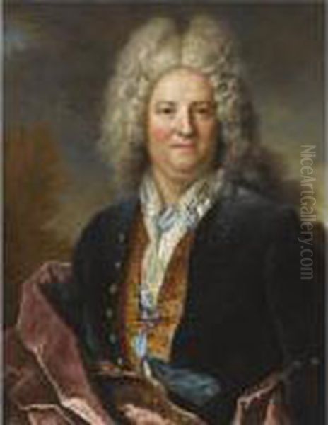 Portrait Of A Gentleman, Bust 
Length, Wearing A Blue Coat With Awhite Chemise And Gold Embroidered 
Waistcoat, With A Crimsonsash - view 1