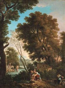 An arcadian landscape with washerwomen, a shepherd and sheperdess crossing a stream beyond by Andrea Locatelli