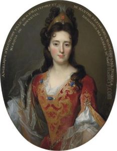Portrait Of Angelique 
D'hautefort, Half-length, In A Red And Gold Embroidered Bodice And Skirt by Nicolas de Largillierre
