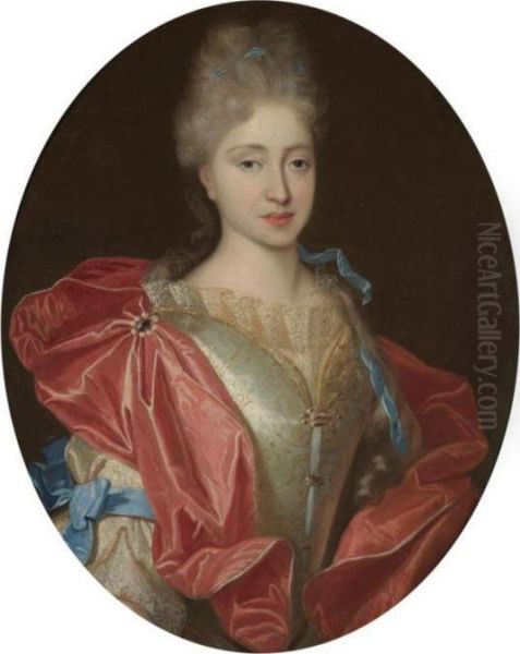 Portrait Of A Lady, Half Length,
 In A White Embroidered Silk Dress With Blue Ribbons And A Red Silk Wrap - view 1