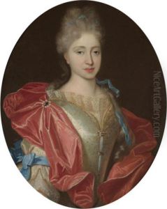 Portrait Of A Lady, Half Length,
In A White Embroidered Silk Dress With Blue Ribbons And A Red Silk Wrap by Nicolas de Largillierre