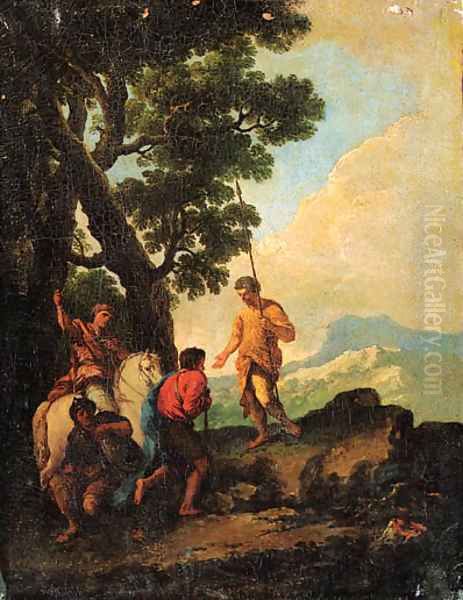 Soldiers resting by a Tree, a mountain landscape beyond - view 1