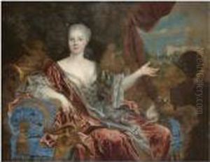 Portrait Of A Lady,
Three-quarter Length, Wearing A Blue Silk Dress With Lace Trim And A Red
Shawl, Seated On A Blue Chaise Longue by Nicolas de Largillierre