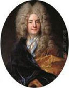 Portrait Of A Gentleman, 
Half-length, In A Blue Velvet Mantle With Gold Lining And A White Shirt 
With A Lace Collar by Nicolas de Largillierre