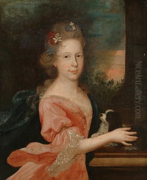 Portrait Of A Young Girl, 
Half-length, In A Pink Dress With A Blue Wrap And Flowers In Her Hair, 
Stroking A Dog - view 1