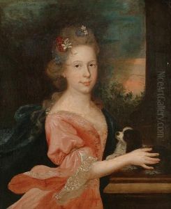 Portrait Of A Young Girl,
Half-length, In A Pink Dress With A Blue Wrap And Flowers In Her Hair,
Stroking A Dog by Nicolas de Largillierre