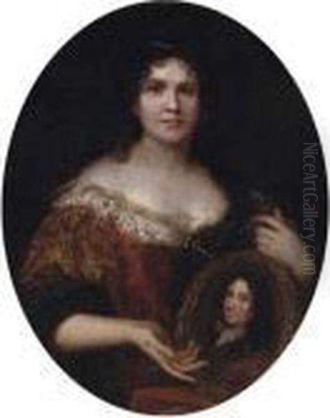 Portrait Of A Lady, Half-length,
In A Red And Gold Dress With Whitelace Trim, Holding A Framed Portrait
Of Her Husband - view 1