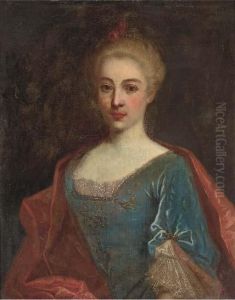 Portrait Of A Lady, Bust-length, In A Gold Embroidered Dress And Ared Mantle by Nicolas de Largillierre