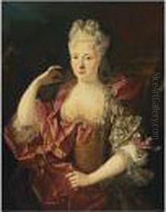 A Half Lenght Portrait Of A Lady As Diana Wearing A Pink Silk Dress
