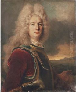 Portrait Of A Gentleman, 
Bust-length, In A Blue, Gold And Purplevelvet Coat, His Hat In His Right
 Hand, In A Landscape