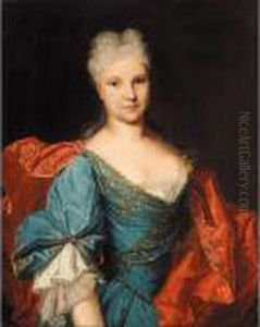 Portrait Of A Lady, Half-length, Wearing A Blue Embroidered Dress With A Scarlet Mantle by Nicolas de Largillierre