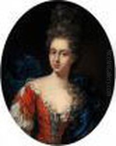 Portrait Of A Lady, Half Length, Wearing A Red Dress And A Blue Shawl
