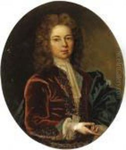 Portrait Of A Young Gentleman, Half Length, Wearing A Red Jacketand A Blue Cloak by Nicolas de Largillierre