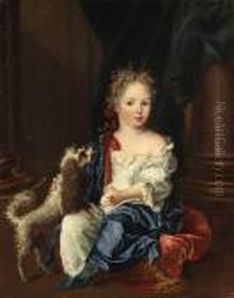 Portrait Of A Girl With A Poodle, Full-length, Seated, In A Whitechemise And Blue Shawl - view 1