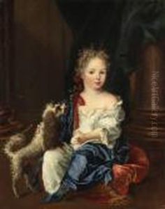 Portrait Of A Girl With A Poodle, Full-length, Seated, In A Whitechemise And Blue Shawl