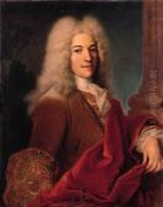 Portrait Of A Gentleman, 
Half-length, In A Brown Coat With A Redwrap And A Lace Jabot, By A 
Pillar