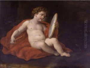 A Child Holding A Mirror And A Flute, Possibly An Allegory by Paolo di Matteis