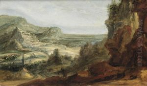 An Extensive Mountainous Landscape With A Town In The Distance by Joos De Momper