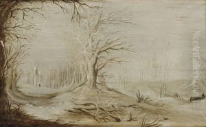 A Winter Landscape With A Village In The Snow by Joos De Momper
