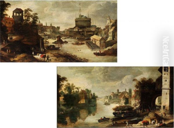 Romische Landschaft Mit Blick Auf Die Engelsburg Mit Tiberbrucke - view 1