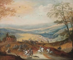 A Cavalry Skirmish In A Hilly Landscape, A Convoy Beyond