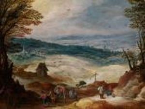 Landschaft Mit Drei Pferdekarren Und Wanderer Am Weg