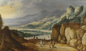 An Extensive Mountainous River Landscape With Horsemen Conversing On A Raised Plateau
