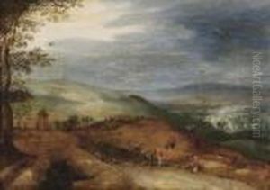 A Hilly Landscape With Figures On The Road
