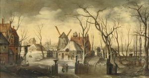 A Village In Winter With Figures
At Their Daily Activities, A Viewof A Town, Said To Be Bruges, In The
Background by Joos De Momper