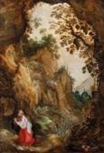 Marie-madeleine Priant Dans Un Paysage De Foret. by Joos De Momper