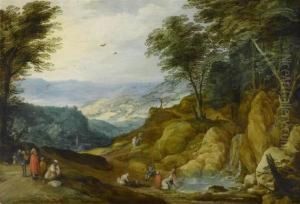 Broad Landscape With Washerwoman And Figures Resting Near A Waterfall.