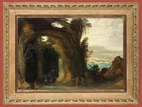 A Landscape With Pilgrims Attending Mass In A Grotto, A Monkreading In The Foreground - view 1