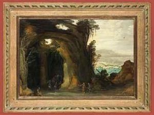 A Landscape With Pilgrims Attending Mass In A Grotto, A Monkreading In The Foreground
