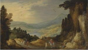 An Extensive River Landscape With Travellers On A Road Before Acastle by Joos De Momper