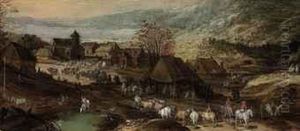 A Village With Figures, Cattle And Horses, Mountains Beyond