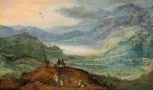 An Extensive Mountainous Landscape With Figures On A Path, A Rivervalley Beyond by Joos De Momper