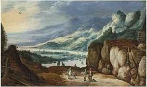 An Extensive River Landscape With Horsemen On A Path And Mountainsbeyond by Joos De Momper