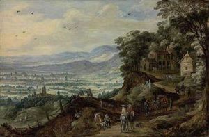 An Extensive Landscape With Travellers Near A Mountainvillage by Joos De Momper