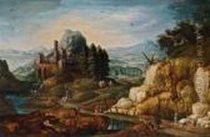 Weite Hugellandschaft Mit Burgbefestigung Und Brucke by Joos De Momper