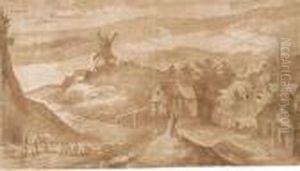Dorflandschaft Mit Einer Windmuhle Und Einem Hirten Mit Schafen by Joos De Momper